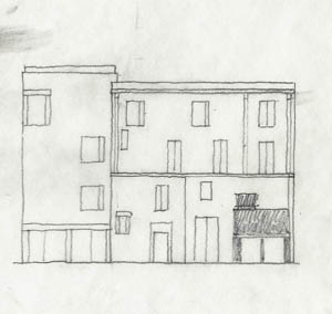 Design study sketch of the articulation of the tectonic relief of the public façade. Drawing: Florian Beigel, March 2007.  