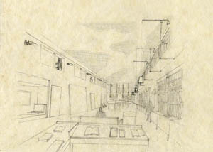 Design study sketch of the interior of the Book Hall, with a large concrete exhibition wall on the left with windows to the Lounge Mezzanine Gallery above. Drawing: Thomas Gantner, ARU, Jan. 2008.