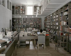 An urban interior. The book cabinets of the Book Hall are like small scale figurative buildings. Photo: Jonathan Lovekin, June 2009.
