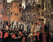 Giovanni Mansueti, Miracle at San Lio (1494), Gallerie dell’Accademia, Venice.  Figures are standing in almost every window observing a procession of people in the public space in front of the buildings. It seems as if the buildings become like figures themselves, speaking to the open space in front of them.