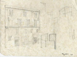 Design study sketch of the architectural composition of the public façade facing the Art Yard and the city. Drawing: Florian Beigel, May 2007. 